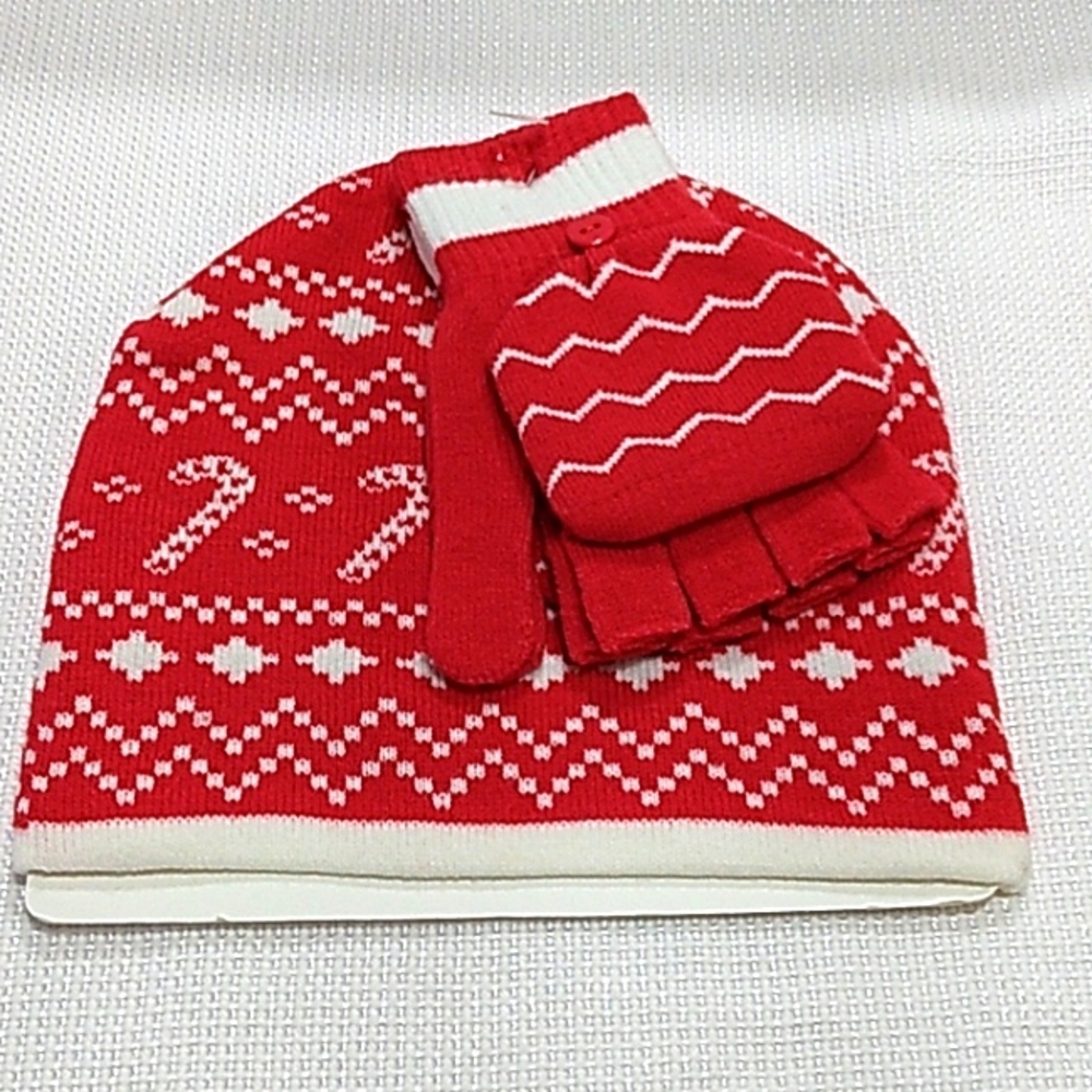 Christmas Candy Cane Knit Beanie & Fingerless Glove Set‎